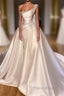 Luxury Satin Wedding Dresses Beaded One Shoulder Bridal Dresses With Panel Train Floor Length Elegant