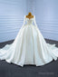 Luxury White Satin Long Sleeve Pearls Wedding Dress