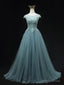 Blue Scoop Neckline Tulle Lace Long Prom Dress, Beautiful Lace Formal Evening Dress