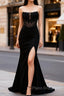 Mermaid Black Corset Strapless Long Formal Prom Dresses with Slit