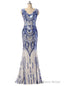 Mermaid Blue Sequins V-neck Prom Dress