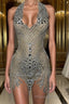 Mermaid Halter Sequined Jersey Beading Sleeveless Mini Rhinestone Party Dress