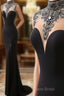 Mermaid High Neck Beaded Jersey Black Formal Prom Gown With Slit