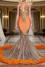 Mermaid High Neck Floor-length Sleeveless Appliques Lace Formal Prom Dress With Feather