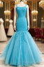 Mermaid Ice Blue Formal Prom Dresses Lace Embroidery