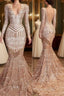 Mermaid Long Sleevess V-Neck Sequined Sweep Train Formal Prom Dresses