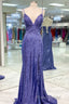 Mermaid Purple Sequins Long Formal Prom Dresses with Slit,Navy Blue Evening Party Gowns