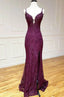 Mermaid/Trumpet Spaghetti Straps Grape Lace Beaded Long Formal Prom Dresses Formal Evening Dresses