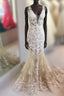 Mermaid V Neck Champagne Lace Formal Prom Dresses, Mermaid Champagne Formal Dresses
