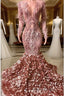 Mermaid V-neck Sequined Floor-length Long Sleeve Lace Formal Prom Dress With Feather