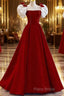 Modest A Line Long Short Sleeves Satin Red Formal Prom Dresses