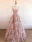 Modest A Line Square Neckline Sleeveless Pink Floral Lace Floor Length Formal Prom Dresses