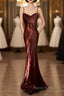 Modest Mermaid Spaghetti Straps Burgundy Formal Prom Dresses Ruffle Long Party Dresses