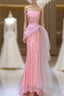 Modest Mermaid Strapless Pink Tulle Ruffles Long Party Dresses Formal Prom Dresses
