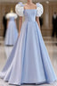 Modest Princess Short Sleeves Long Blue Satin Formal Prom Dresses