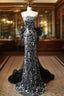 Modest Silver Mermaid Strapless Sequin Tulle Long Formal Prom Dresses Formal Evening Dresses