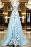 Modest Sky Blue A-Line Tulle Beading Embroidery Appliques Long Formal Prom Dresses Pageant Gown