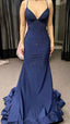 Modest Trendy Mermaid Spaghetti Straps Navy Blue Sequins Formal Prom Dresses Style Long Senior High School Dance Party Dresses