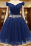 Navy Beaded Sweetheart Off Shoulder Tulle Homecoming Dresses