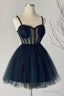 Navy Blue A line Sweetheart Tulle Beads Short Homecoming Dress Party Gown