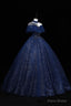 Navy Blue High Neckline Tulle with Lace Formal Dress, Navy Blue Ball Gown Sweet 16 Dress