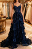 Navy Blue Lace Layered A Line Formal Prom Dresses