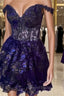 Navy Blue Lace Ruffle Homecoming Dresses
