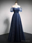 Navy Blue Long Off Shoulder A-line Prom Dress, Blue Formal Dress