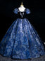 Navy Blue Puff Sleeve Beading Quinceanera Dress