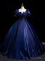 Navy Blue Puff Sleeve Square Beading Quinceanera Dress