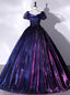 Navy Blue Purple Tulle Puff Sleeve Quinceanera Dress