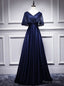 Navy Blue Satin Lace V-neck Bat Pearls Prom Dress