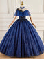 Navy Blue Sequins High Neck Appliques Beading Quinceanera Dress