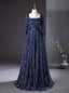 Navy Blue Sequins Long Sleeve Square Prom Dress