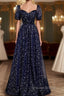 Navy Blue Short Sleeves Sweetheart Long Party Dresses, A-Line Blue Evening Gown