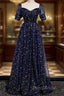 Navy Blue Simple Tulle Short Sleeves Formal Prom Dresses, Navy Blue Long Evening Dresses