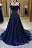 Navy Blue Tulle Beaded Long Formal Prom Dresses Evening Dresses