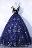 Navy Blue Tulle Long Prom Dress, Spaghetti Straps Lace Flower Backless Formal Dress