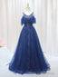 Navy Blue Tulle Sequins Beading Sleveless Prom Dress