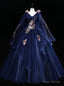 Navy Blue Tulle V-neck Sequins Embroidery Quinceanera Dress