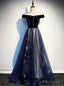 Navy Blue Tulle Velvet Off the Shoulder Prom Dress