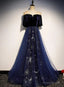 Navy Blue Velvet and Tulle Long Party Dress A-line Blue Evening Dress prom dresses shops