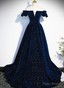Navy Blue Velvet Off Shoulder Long Party Dress, Navy Blue Prom Dress Formal Dress