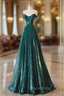 New A-Line Dark Green Formal Prom Dresses, Off-The-Shoulder Formal Prom Dresses With Cape, Sweeping Tail Formal Prom Dresses