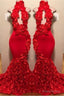 New Arrival Red Keyhole Mermaid Flowers Halter Sleeveless Long Prom Dresses