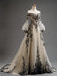 NiceVestidos-Black-White Paneled Lace Tulle Off-Shoulder Lantern-Sleeve Floor-Length Gothic Gown