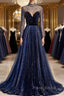 Noble Navy Blue Perspective High Neck Long Sleeved Water Diamond Sequin Ball Dresses Navy Blue A-Line Princess Sparkling Backless Tulle Sweeping Tail Ruffle Edge Evening Dresses