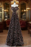 Off Shoulder A-Line Coffee Gold Sequin Long Formal Prom Dresses, Coffee Gold Evening Dresses