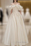 Off Shoulder A-Line Satin Beige Long Formal Prom Dresses, Beige Long Formal Dresses