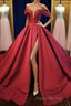 Off Shoulder Burgundy Satin Long Formal Prom Dress, V Neck Burgundy Formal Evening Dress, Burgundy Ball Gown